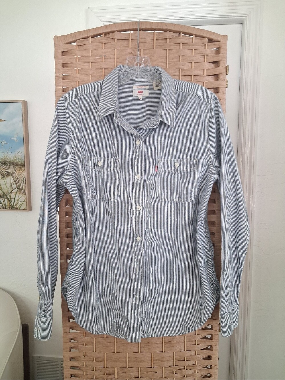 Levi's Med. Boyfriend Fit Striped Button-Up Shirt in Navy and White